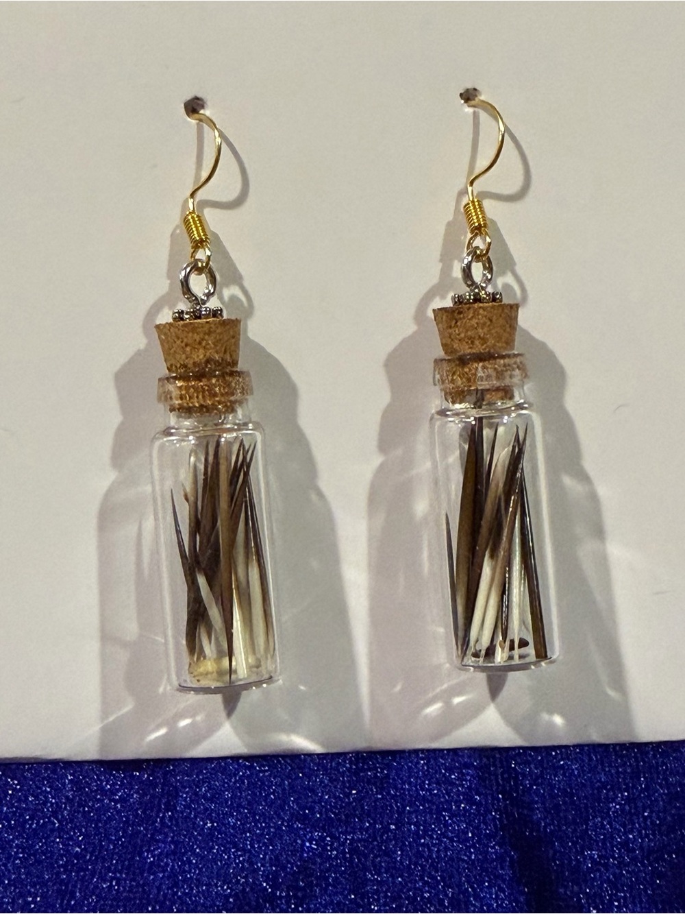 Glass Vial Drop Earrings with Porcupine Quills- Gold Hooks